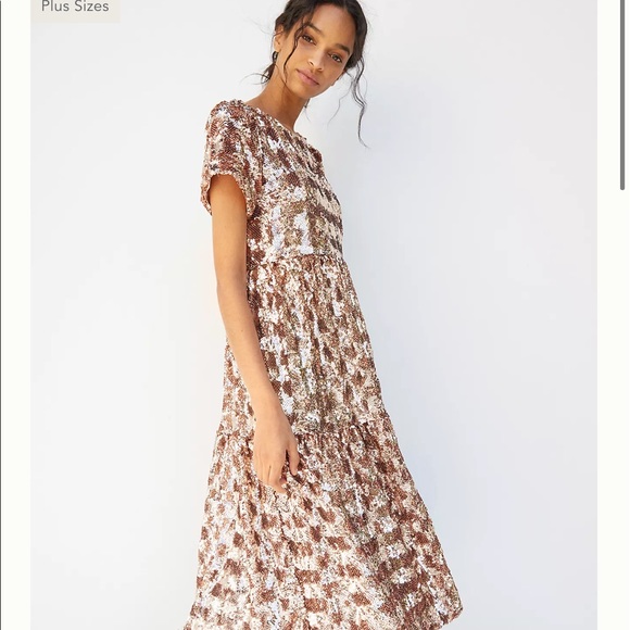 ANTHROPOLOGIE "Maeve" Rose Gold Sequin Tiered Midi Dress - Picture 1 of 12
